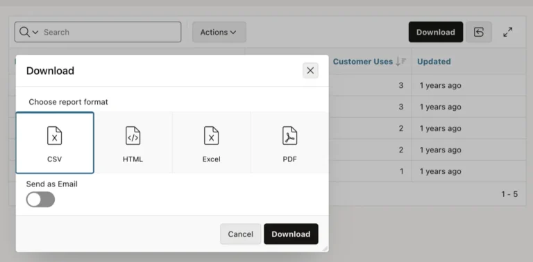 Displays Download file dialog that shows multiple format options.