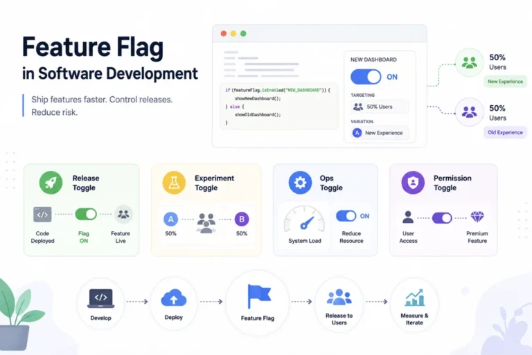 Feature flag illustration showing feature rollout, A/B testing, deployment flow, and release control.