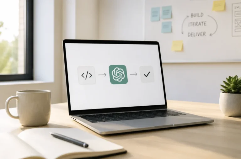 Light-mode natural workspace illustration showing a laptop with AI workflow icons, representing zero-code software development and harness engineering.