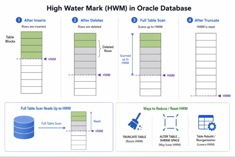 Oracle Database High Water Mark diagram showing inserts, deletes, scans, and truncate effects.