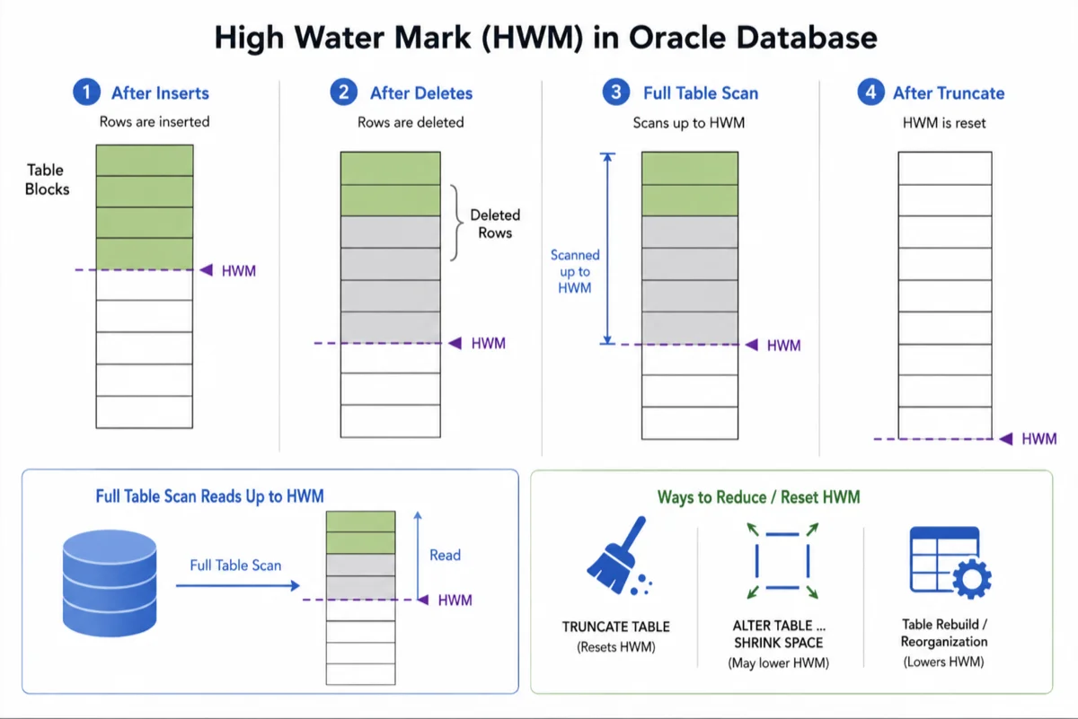 Oracle Database High Water Mark diagram showing inserts, deletes, scans, and truncate effects.