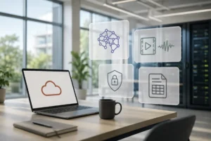 Modern OCI AI workspace with cloud, multimodal AI, sovereign security, and document processing icons.