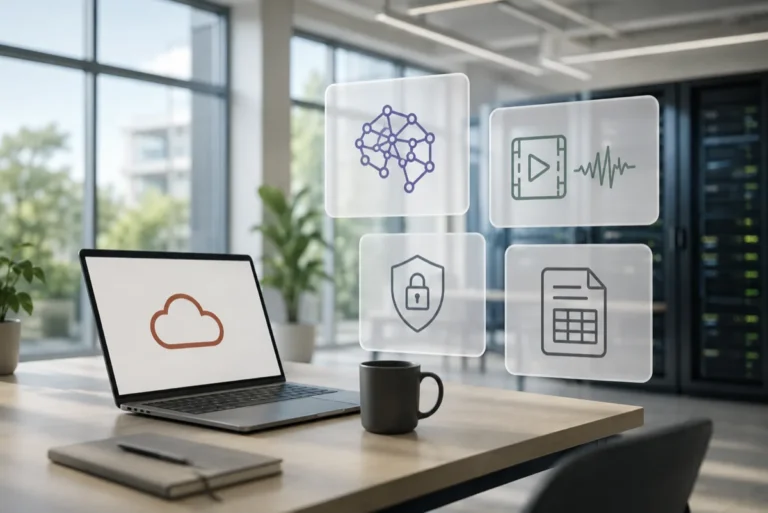Modern OCI AI workspace with cloud, multimodal AI, sovereign security, and document processing icons.
