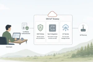 Light themed diagram of OCI IoT tenancy showing IAM policies, vault integration, certificate auth, and connected IoT devices