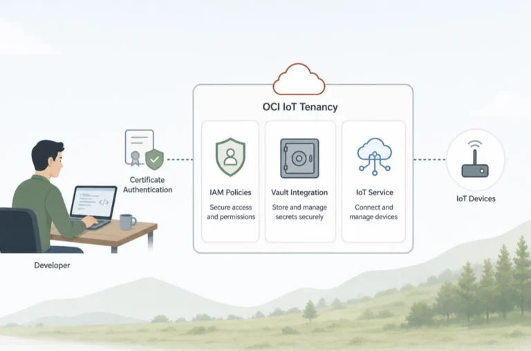 Light themed diagram of OCI IoT tenancy showing IAM policies, vault integration, certificate auth, and connected IoT devices