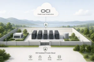 Light themed illustration of OCI isolated private cloud with secure servers inside fenced data center area