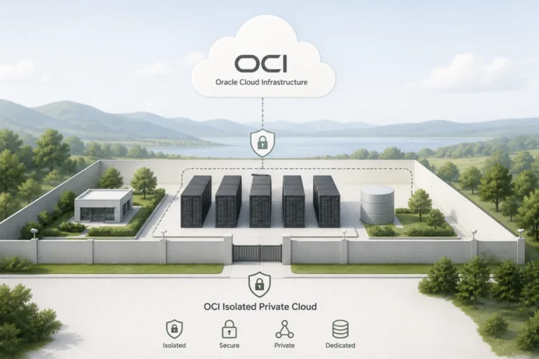 Light themed illustration of OCI isolated private cloud with secure servers inside fenced data center area