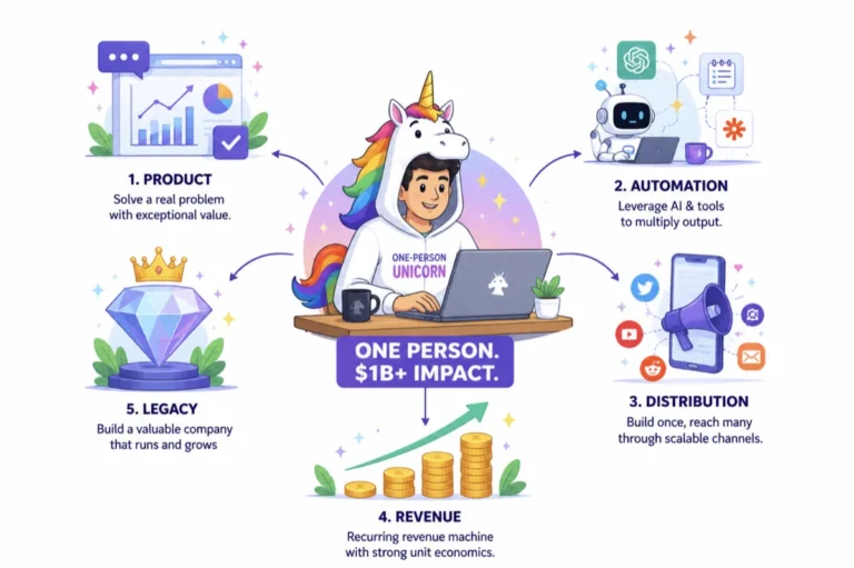 One-person unicorn startup diagram showing AI, automation, distribution, revenue, and growth.