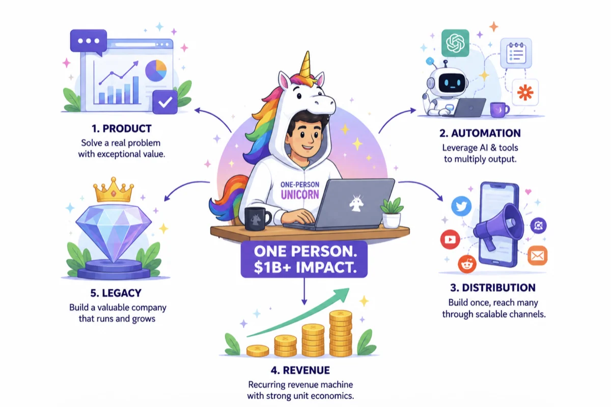 One-person unicorn startup diagram showing AI, automation, distribution, revenue, and growth.