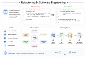 Light-mode infographic showing software refactoring with code transformation, benefits, triggers, and a visual refactoring workflow.