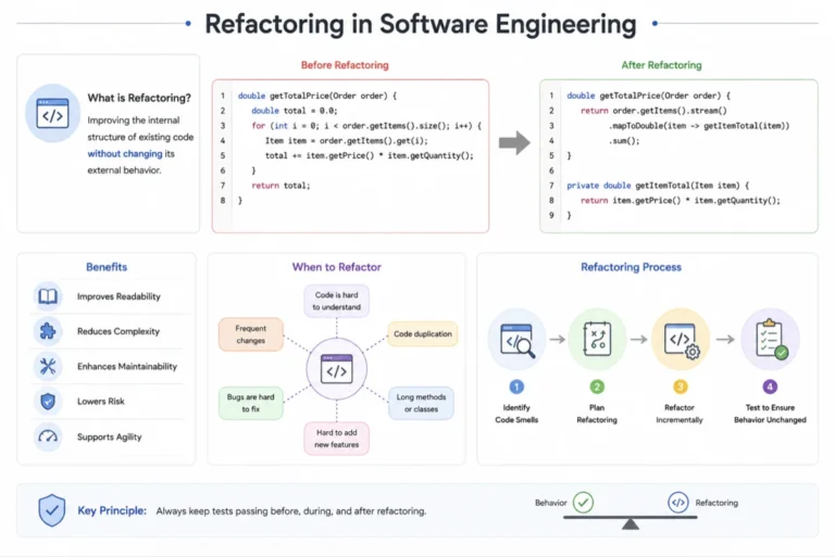 Light-mode infographic showing software refactoring with code transformation, benefits, triggers, and a visual refactoring workflow.