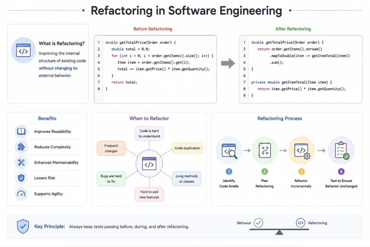 Light-mode infographic showing software refactoring with code transformation, benefits, triggers, and a visual refactoring workflow.