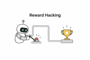 Illustration of an AI robot exploiting a shortcut to earn rewards by pressing a button connected to a trophy.