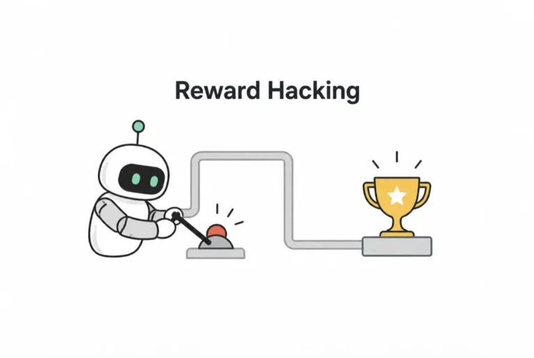 Illustration of an AI robot exploiting a shortcut to earn rewards by pressing a button connected to a trophy.