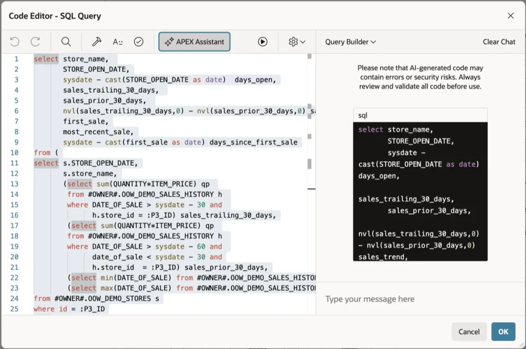 Using AI in Oracle APEX code editors.