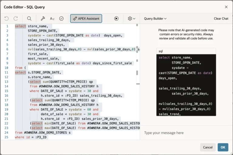 Using AI in Oracle APEX code editors.