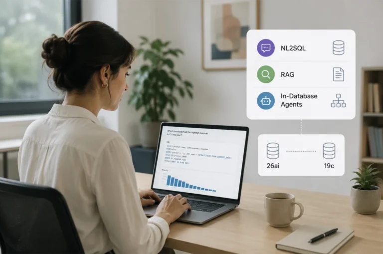 Woman using Oracle Select AI dashboard with NL2SQL, RAG, and in-database agent workflow on laptop in bright office.