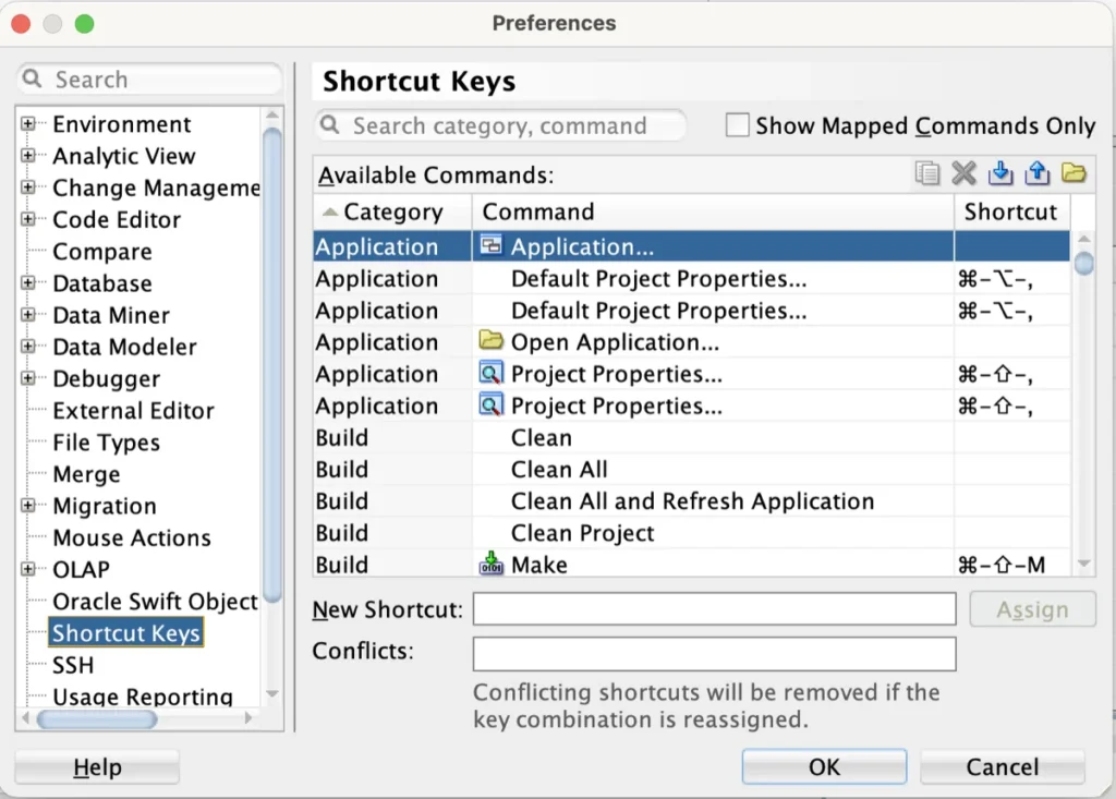 Shortcut keys configuration in Oracle SQL Developer.