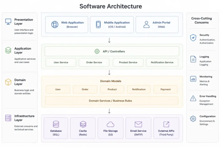 Clean software architecture diagram in light mode showing layered system design with presentation, application, domain, and infrastructure layers, plus security and logging concerns.
