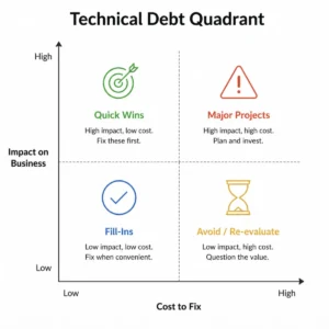 Technical Debt Quadrant diagram showing impact vs cost-to-fix with four debt prioritization categories.