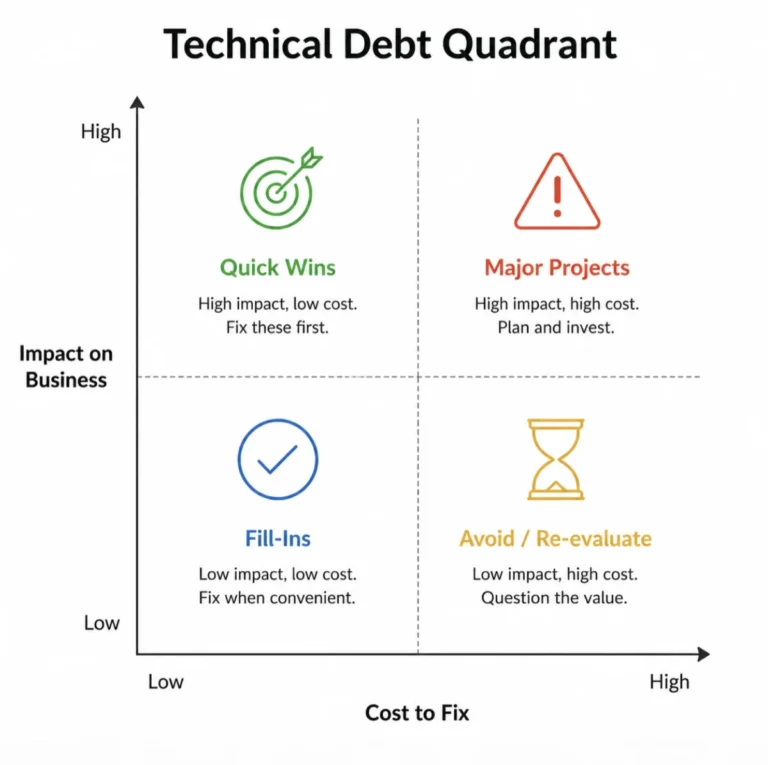 Technical Debt Quadrant diagram showing impact vs cost-to-fix with four debt prioritization categories.