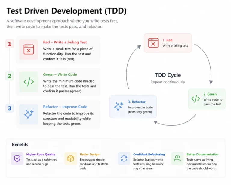 Test Driven Development infographic showing Red-Green-Refactor cycle, steps, and key software quality benefits.