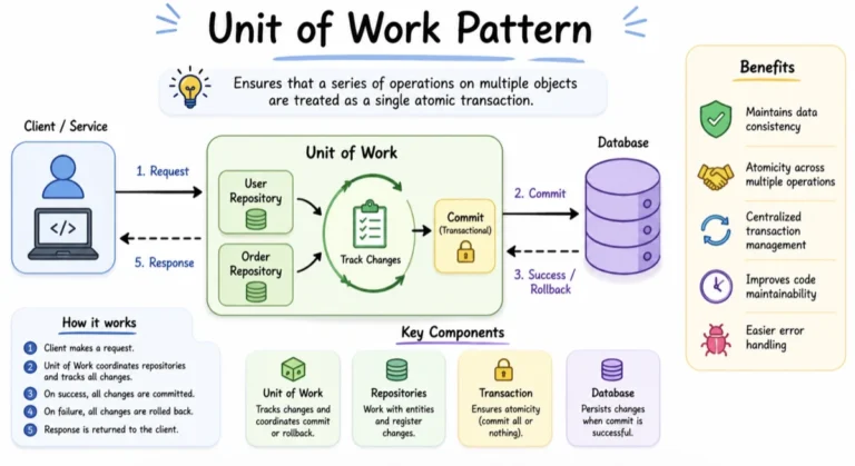 Unit of Work Pattern software architecture diagram showing transaction management, repositories, commit, and rollback flow.