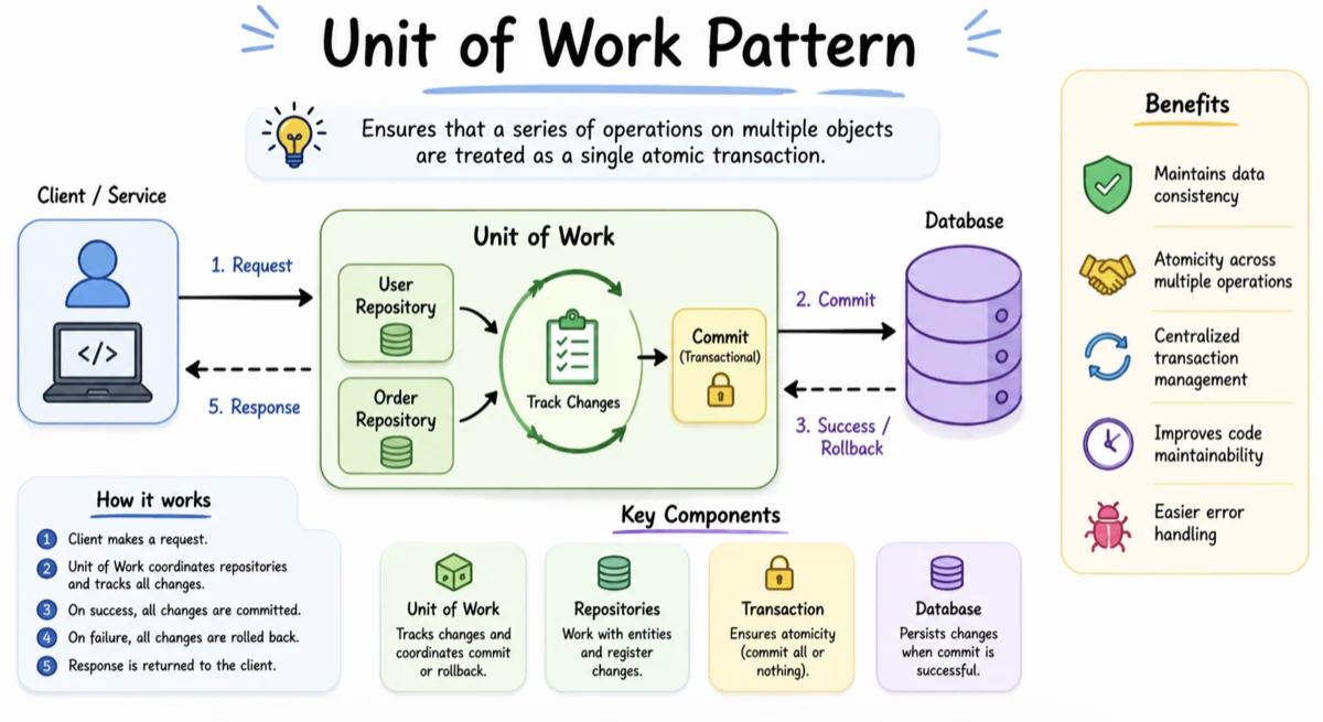 Unit of Work Pattern software architecture diagram showing transaction management, repositories, commit, and rollback flow.