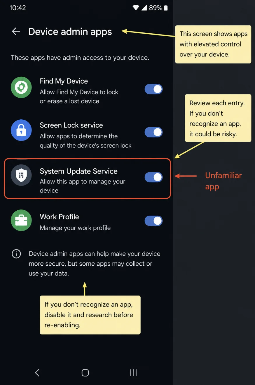 Finding stalkerware in Android device admin apps settings