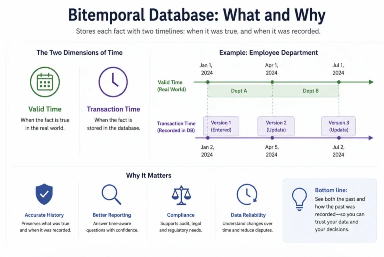 Bitemporal database infographic showing valid time and transaction time timelines, version history, and audit-ready data tracking.