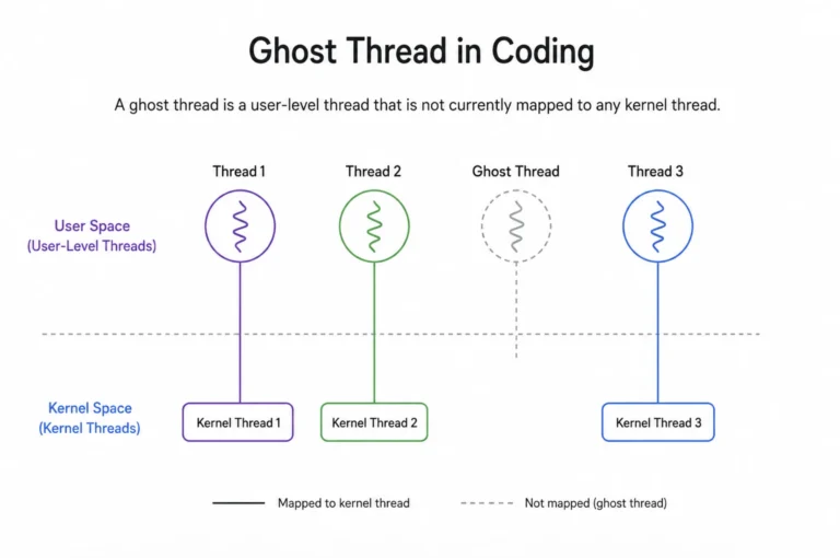 Ghost Thread in coding infographic showing user threads, kernel threads, and an unmapped ghost thread on a white background.