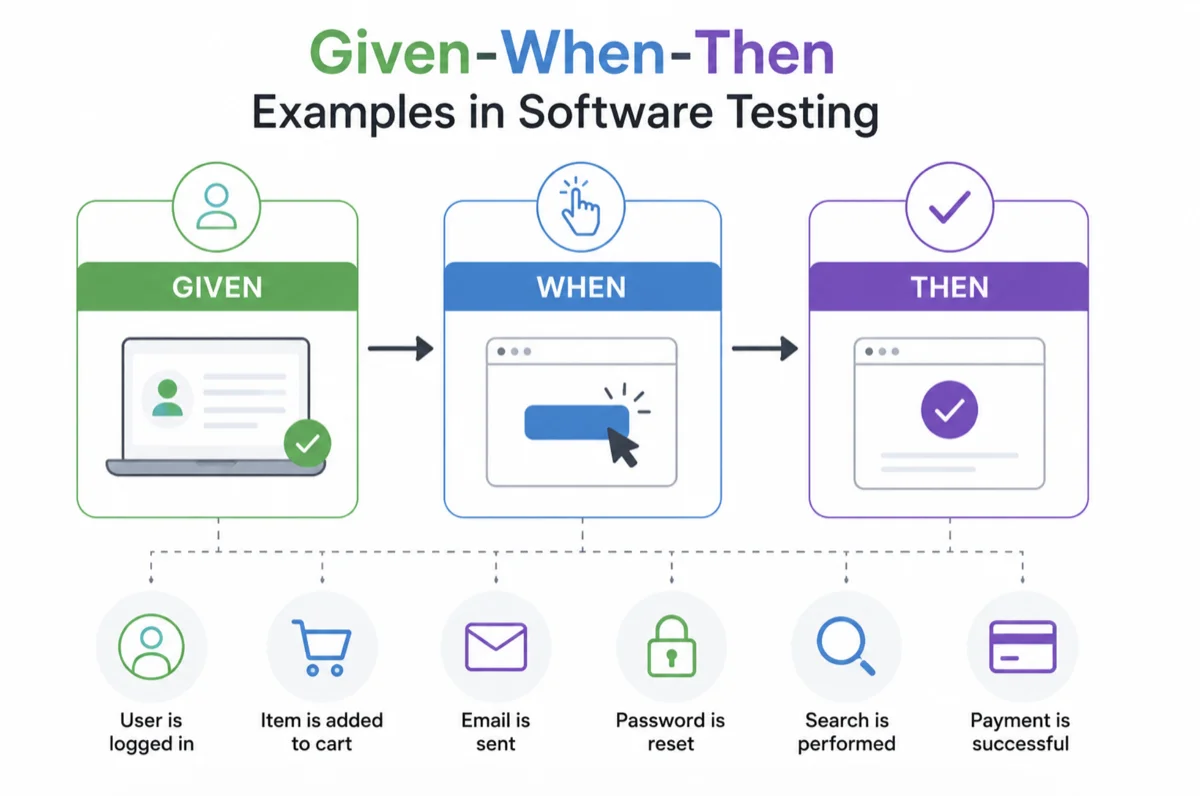 Given-When-Then software testing diagram showing BDD scenario flow examples