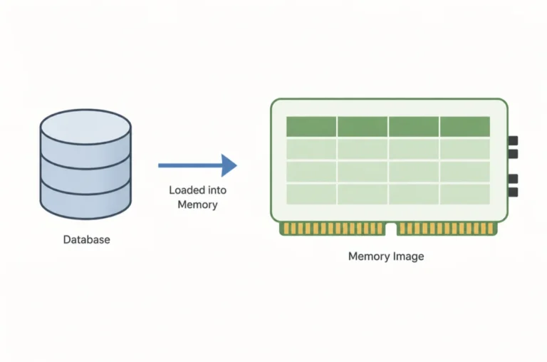 Memory image diagram showing database data loaded into RAM for faster processing and query execution.