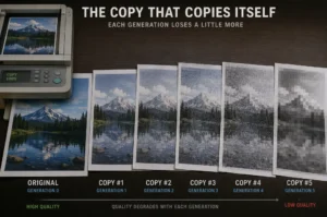 Model collapse illustrated as a photocopy-of-a-photocopy degrading over generations.