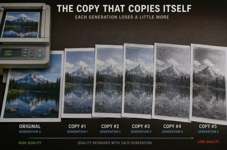 Model collapse illustrated as a photocopy-of-a-photocopy degrading over generations.