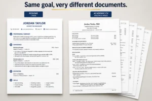 A clean side-by-side comparison of two documents on a neutral background — a crisp one-page resume on the left, a multi-page academic CV fanned out on the right. Overlay title: "Same goal, very different documents."