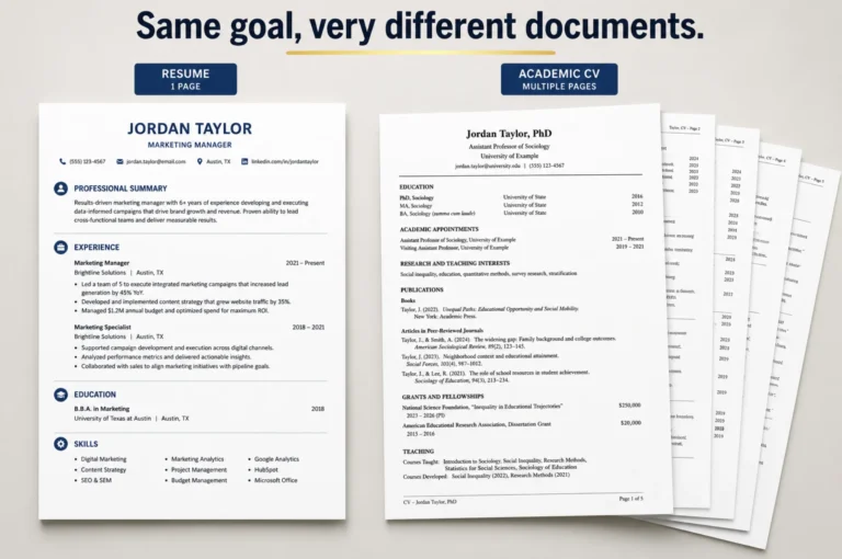 A clean side-by-side comparison of two documents on a neutral background — a crisp one-page resume on the left, a multi-page academic CV fanned out on the right. Overlay title: "Same goal, very different documents."