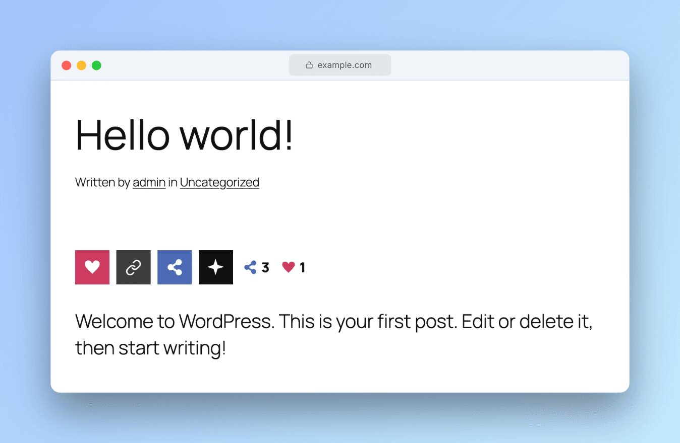 Social Share WP horizontal layout with Like, Copy, Share and AI buttons inside post content