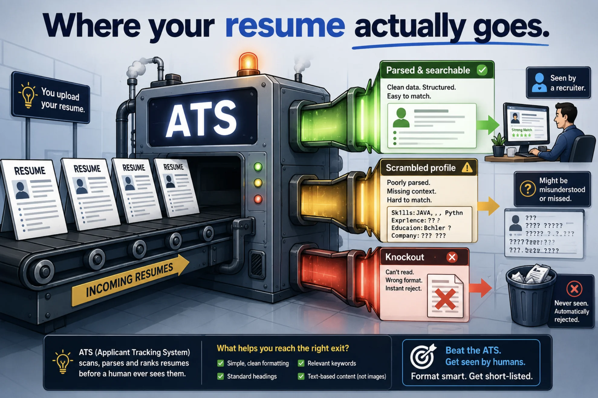 An illustrated conveyor belt carrying resumes into a machine labeled "ATS," with three exits: "Parsed & searchable" (glowing, leads to a recruiter's desk), "Scrambled profile" (garbled text), and "Knockout" (form with a red X).