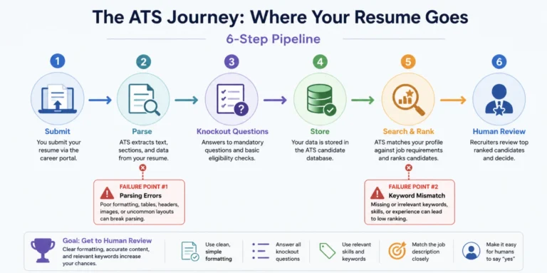 6-Step Pipeline Diagram: A horizontal flow — Submit → Parse → Knockout questions → Store → Search & rank → Human review — with small callouts marking the two failure points: parsing errors and keyword mismatch.