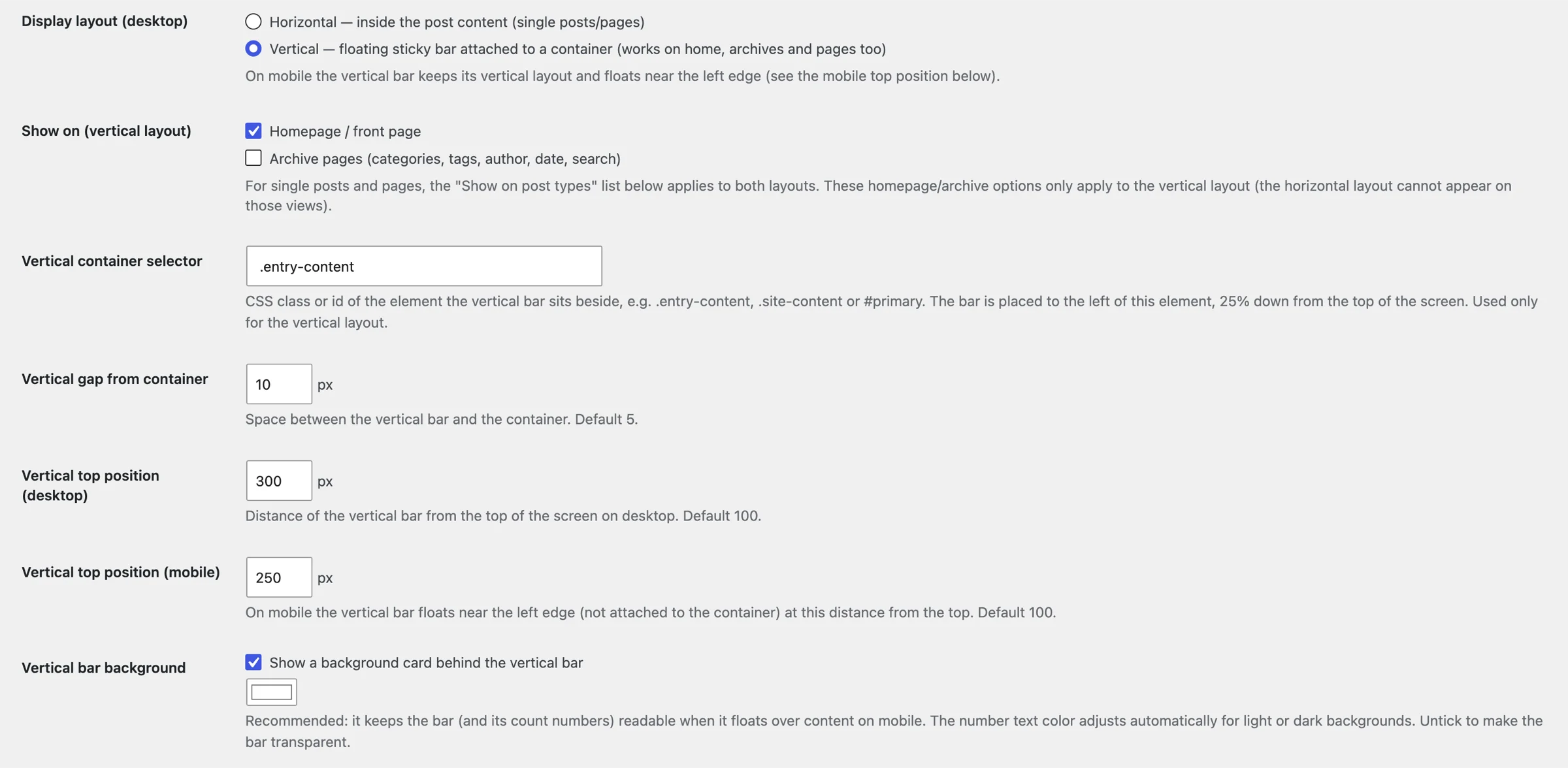 Settings page showing display layout, container selector, top position and background card options