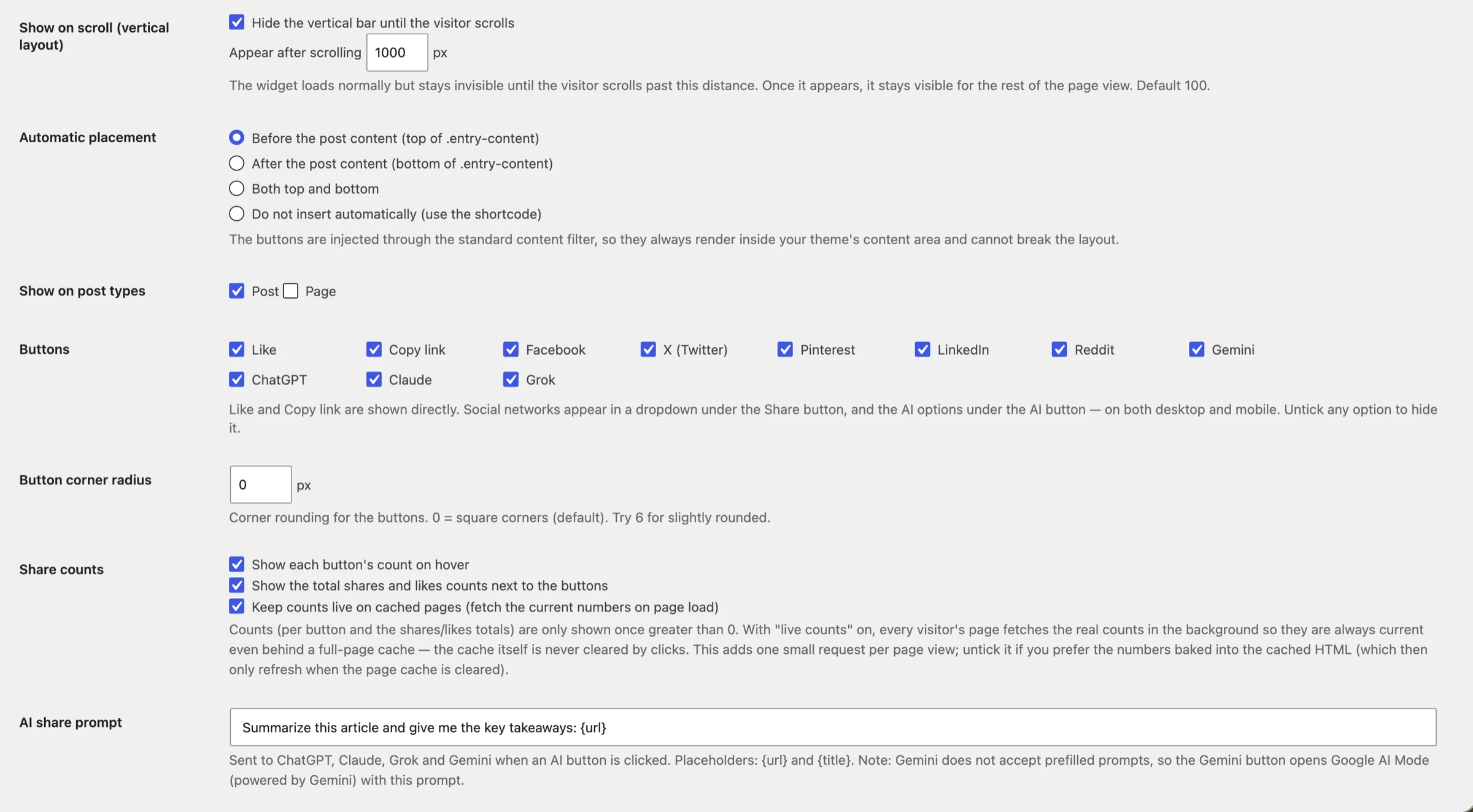 Settings page showing automatic placement, post types, buttons toggle, corner radius and share counts