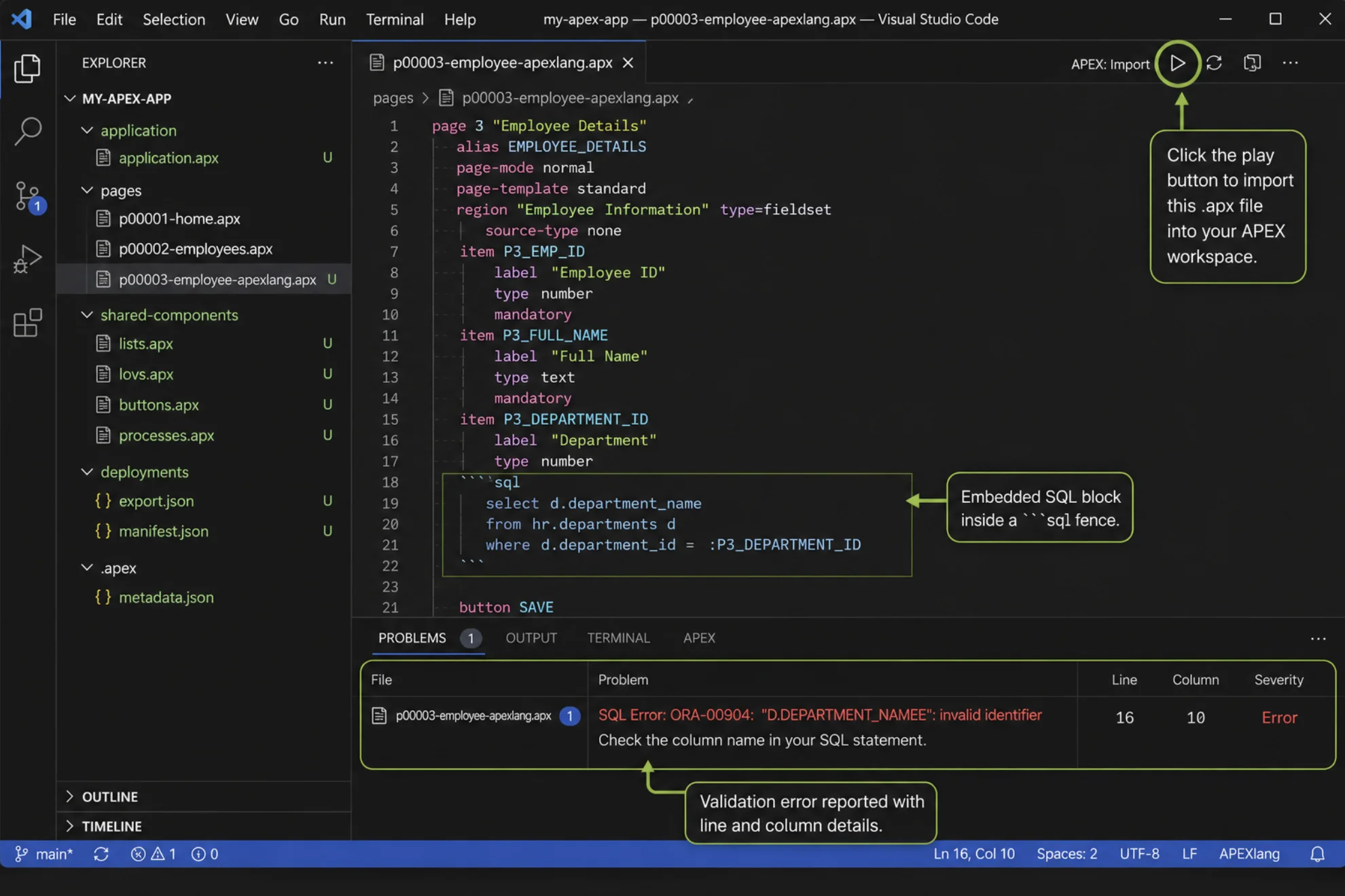 VS Code Screenshot Mock: An editor window showing a page 3 (...) block with an embedded ```sql fence, the Problems panel reporting a validation error with line and column, and the play-button import control circled.