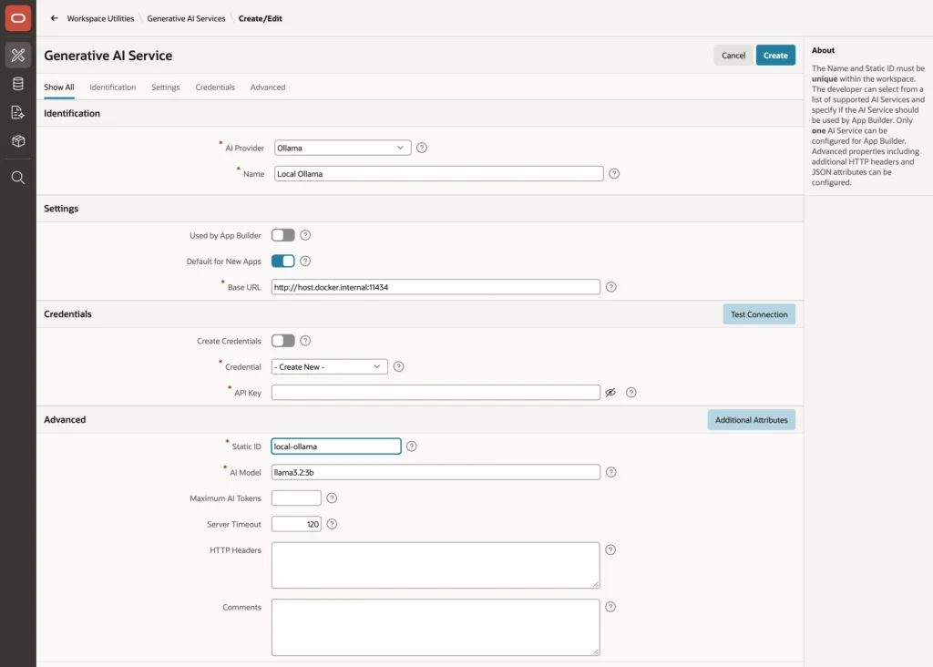 Configuring a generative AI service in Oracle APEX