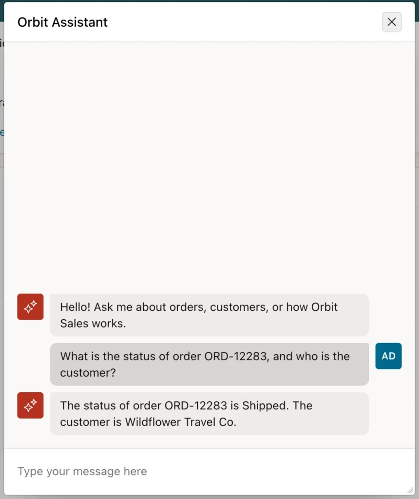 An AI assistant answering a question using a tool in Oracle APEX