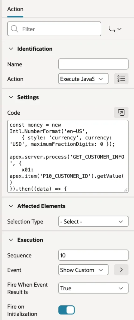 A dynamic action running JavaScript that calls an Ajax callback