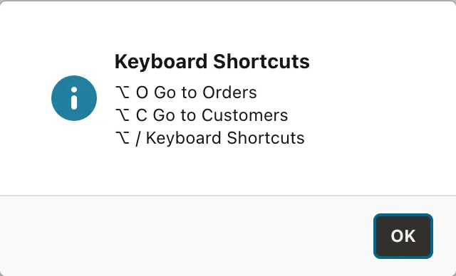 An Oracle APEX information dialog listing the keyboard shortcuts Alt+O, Alt+C, and Alt+/