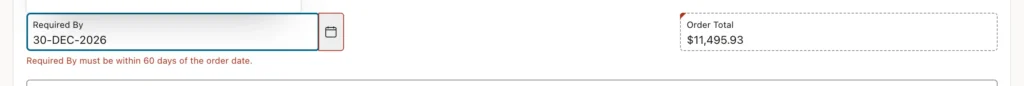 An Oracle APEX Required By date item showing an inline error about the 60-day limit