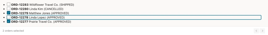 A custom list of five orders with checkboxes, two selected, and a footer reading 2 orders selected
