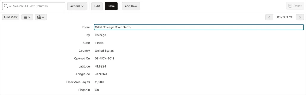The single row view of an Oracle APEX interactive grid showing the Chicago store as a form, row 3 of 13